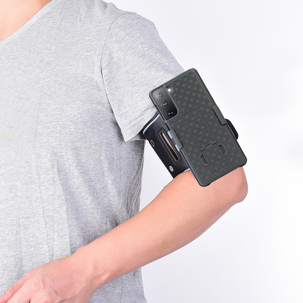 Woven Pattern Nylon Sport Armband PC Case with Kickstand Phone Cover for Samsung Galaxy S21-6