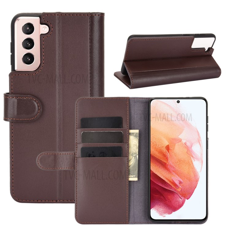 For Samsung Galaxy S21+ Genuine Split Leather Wallet Stand Protective Shell - Brown-1