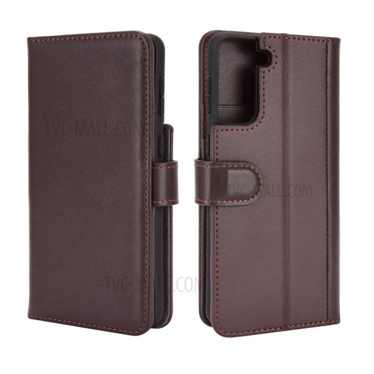 For Samsung Galaxy S21+ Genuine Split Leather Wallet Stand Protective Shell - Brown-2
