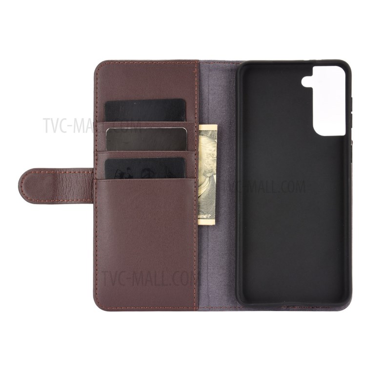 For Samsung Galaxy S21+ Genuine Split Leather Wallet Stand Protective Shell - Brown-3