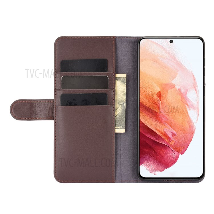 For Samsung Galaxy S21+ Genuine Split Leather Wallet Stand Protective Shell - Brown-4