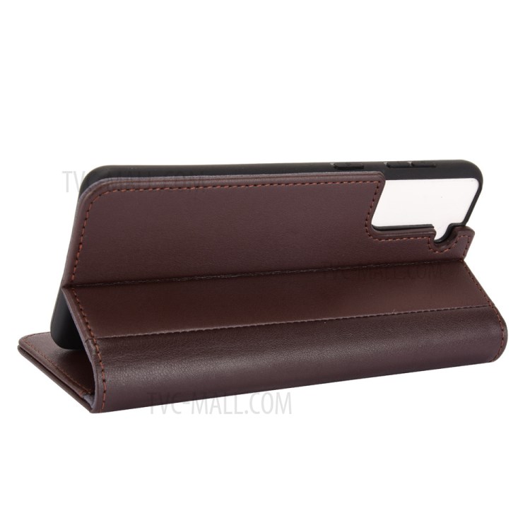 For Samsung Galaxy S21+ Genuine Split Leather Wallet Stand Protective Shell - Brown-5
