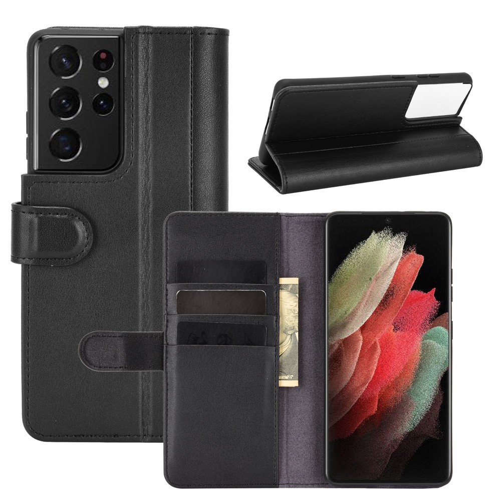 Para Samsung Galaxy S21 Ultra Genuine Split Split Stop Funda Protectora - Negro-1