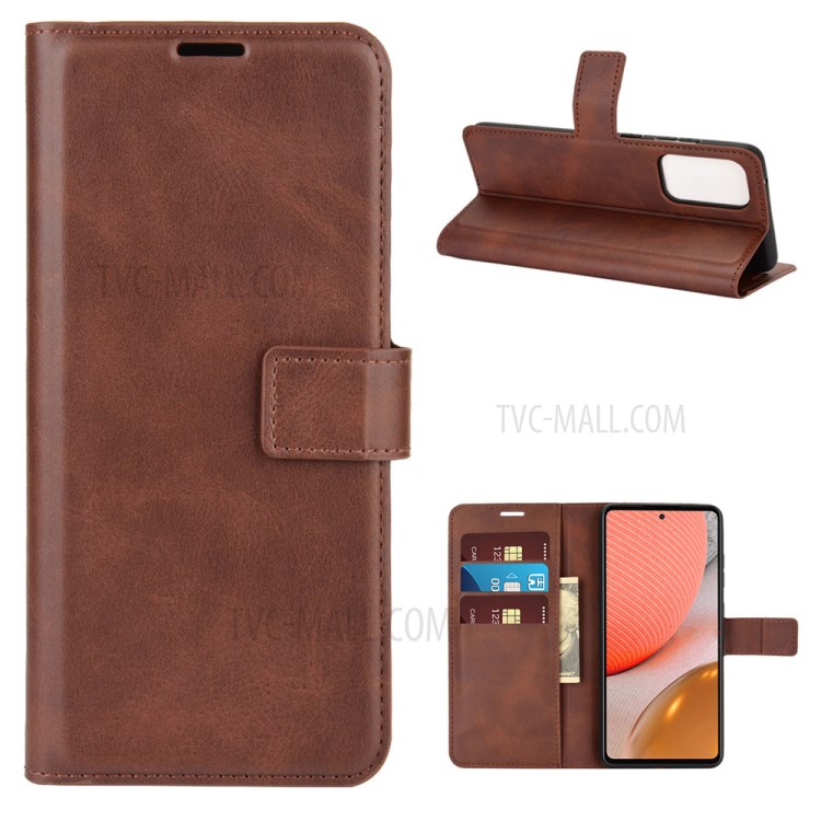 Leather Mobile Phone Cover Case for Samsung Galaxy A72 5G Wallet Stand Design Case - Dark Brown-1