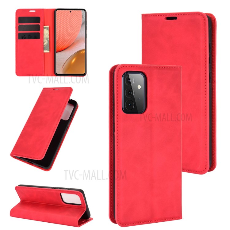 Skin-Touch Feeling Auto-absorbed Flip Phone Shell for Samsung Galaxy A72 5G Wallet Stand Design Leather Cover - Red-1