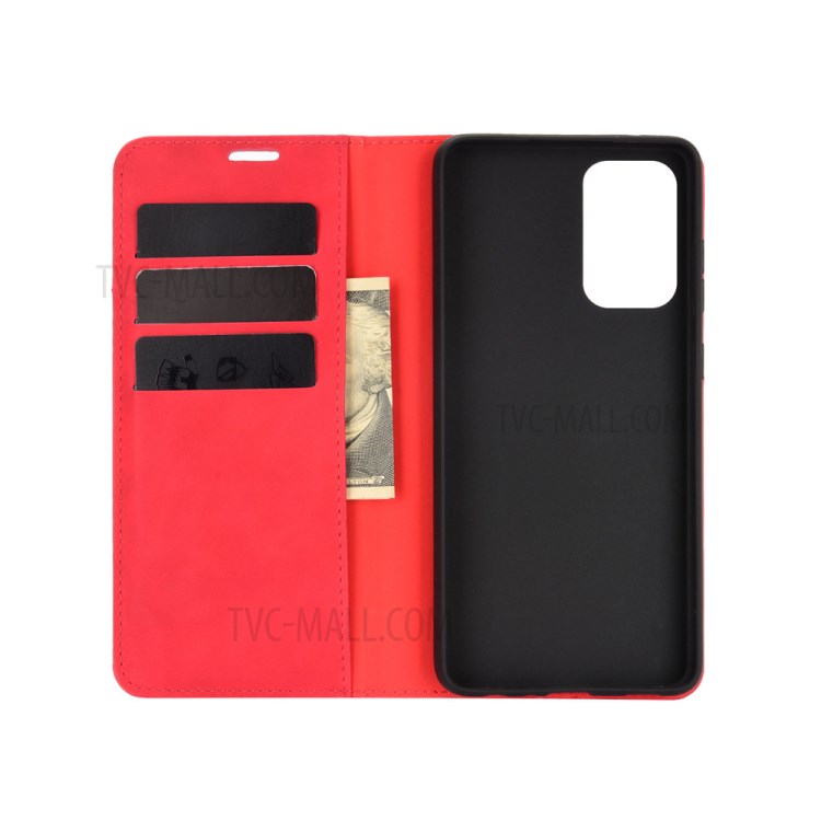 Skin-Touch Feeling Auto-absorbed Flip Phone Shell for Samsung Galaxy A72 5G Wallet Stand Design Leather Cover - Red-3