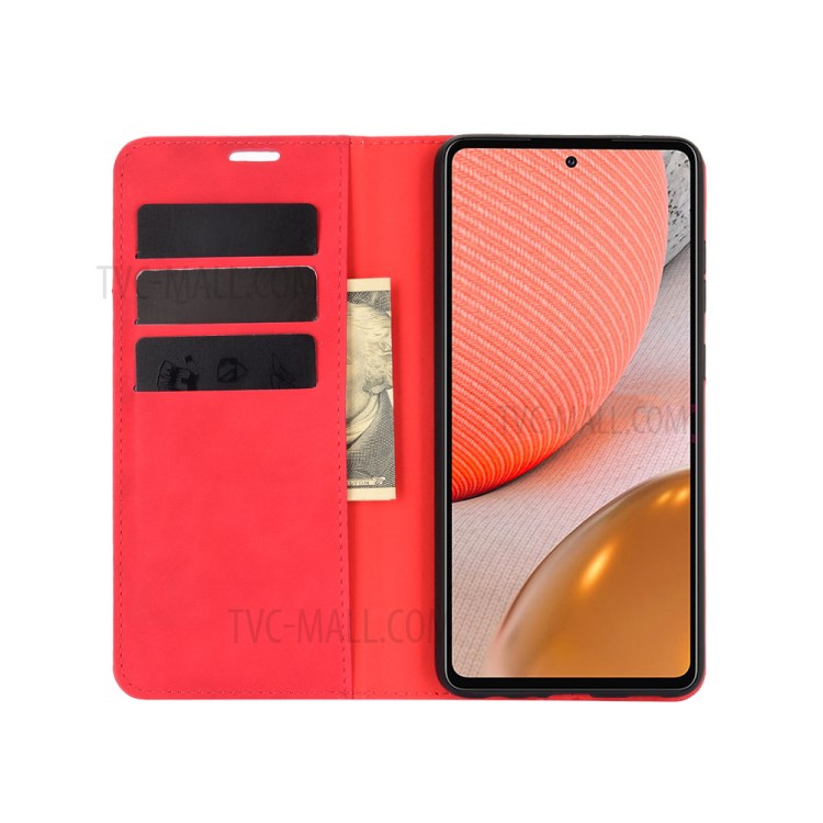Skin-Touch Feeling Auto-absorbed Flip Phone Shell for Samsung Galaxy A72 5G Wallet Stand Design Leather Cover - Red-4