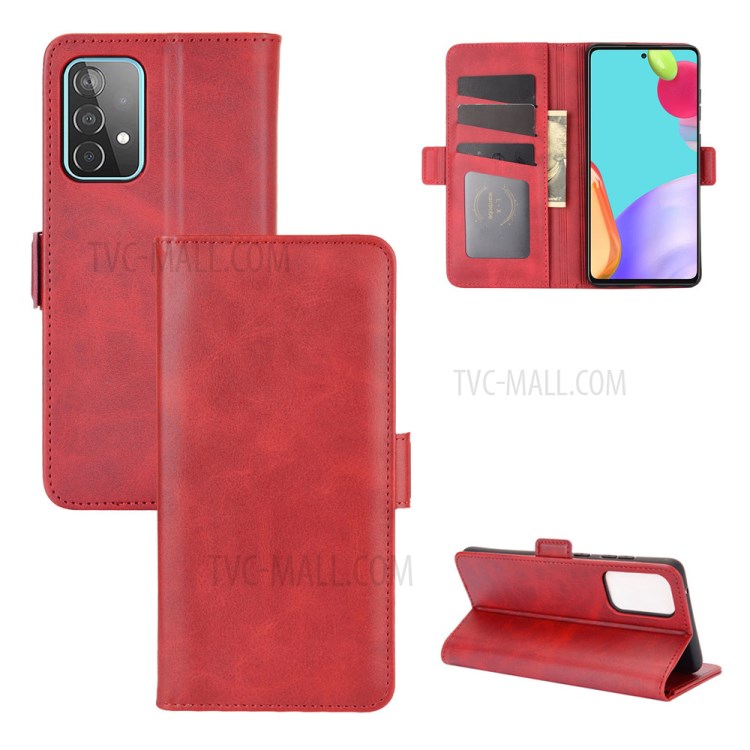 Full Protection Dual Magnetic Clasp Folio Flip Leather Cover Case for Samsung Galaxy A52 5G - Red-1