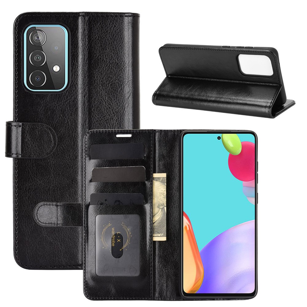 Wallet Stand Design Crazy Horse Texture Case for Samsung Galaxy A52 5G Leather Shell - Black-1