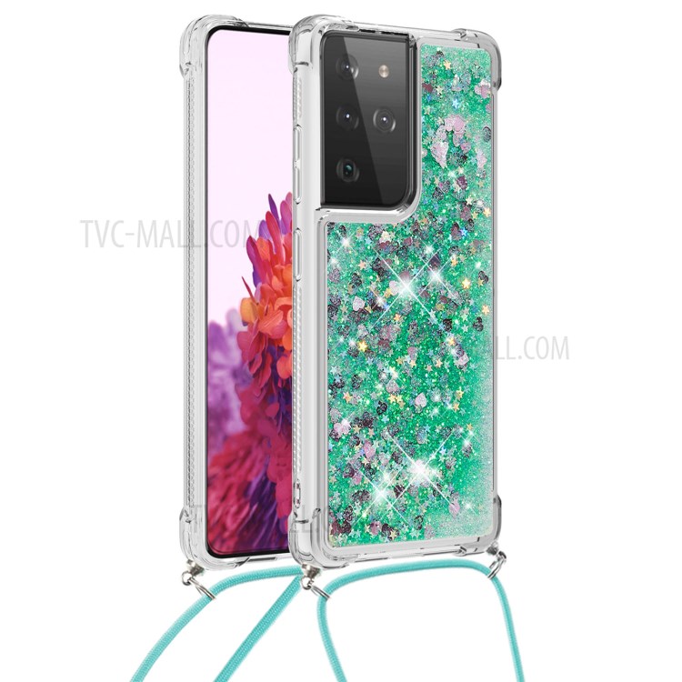 TPU Quicksand Design Phone Cover with Hanging Strap for Samsung Galaxy S21 Ultra - Green/Heart-1