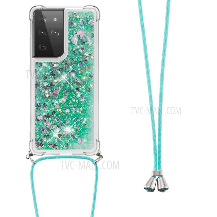 TPU Quicksand Design Phone Cover with Hanging Strap for Samsung Galaxy S21 Ultra - Green/Heart-2
