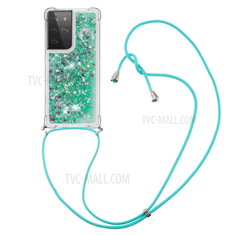 TPU Quicksand Design Phone Cover with Hanging Strap for Samsung Galaxy S21 Ultra - Green/Heart-3