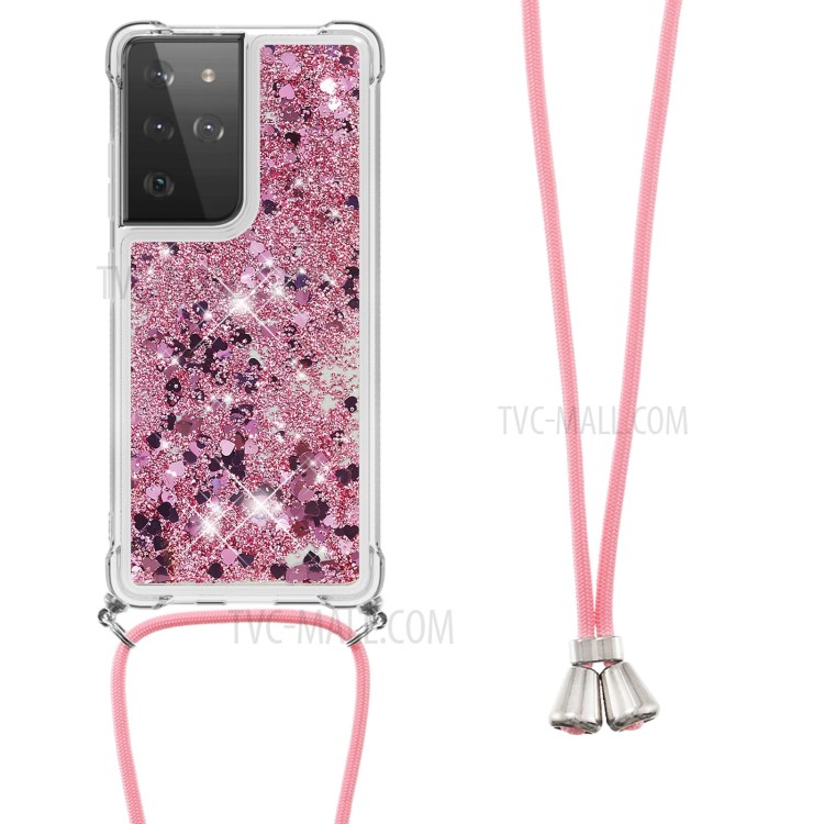 TPU Quicksand Design Phone Cover with Hanging Strap for Samsung Galaxy S21 Ultra - Rose Gold/Heart-2