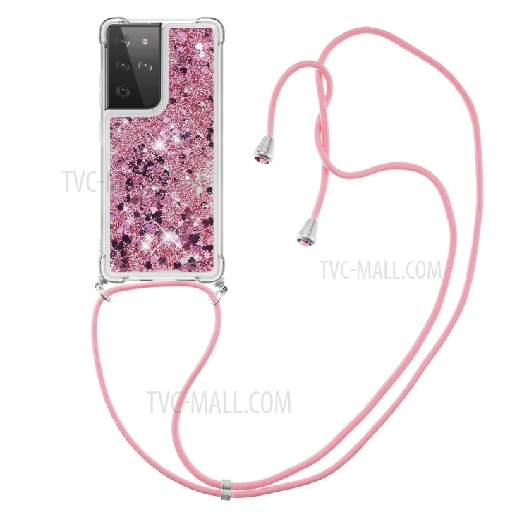 TPU Quicksand Design Phone Cover with Hanging Strap for Samsung Galaxy S21 Ultra - Rose Gold/Heart-3