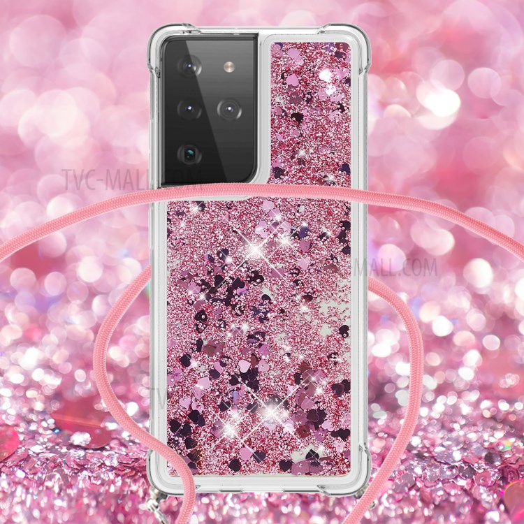TPU Quicksand Design Phone Cover with Hanging Strap for Samsung Galaxy S21 Ultra - Rose Gold/Heart-4