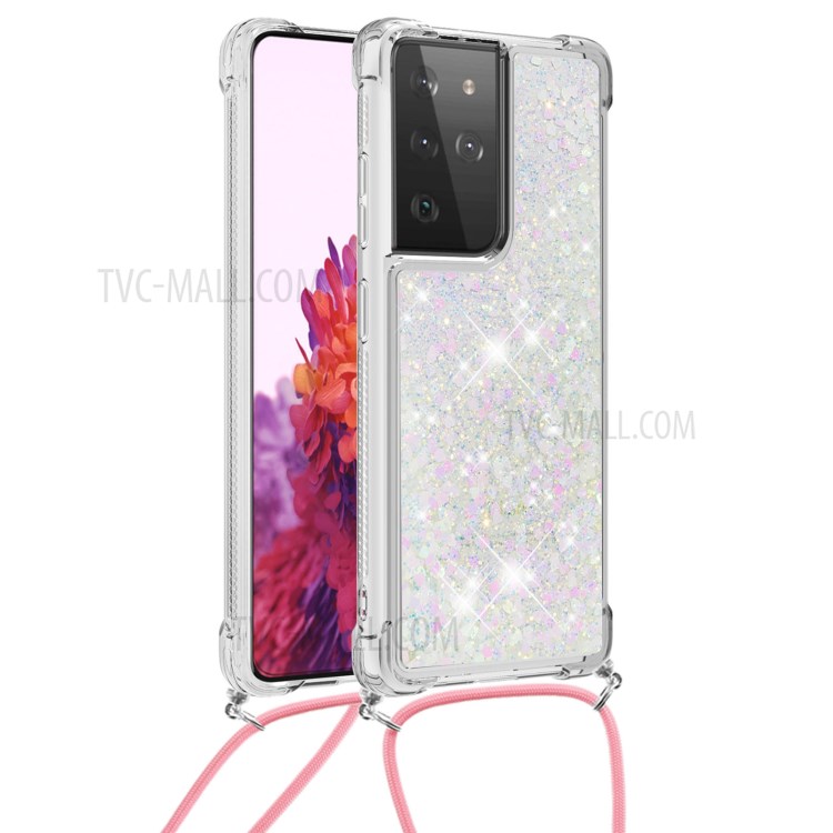 TPU Quicksand Design Phone Cover with Hanging Strap for Samsung Galaxy S21 Ultra 5G - Pink and Silver/Heart-1