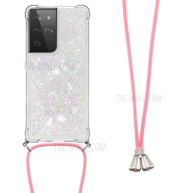 TPU Quicksand Design Phone Cover with Hanging Strap for Samsung Galaxy S21 Ultra 5G - Pink and Silver/Heart-2