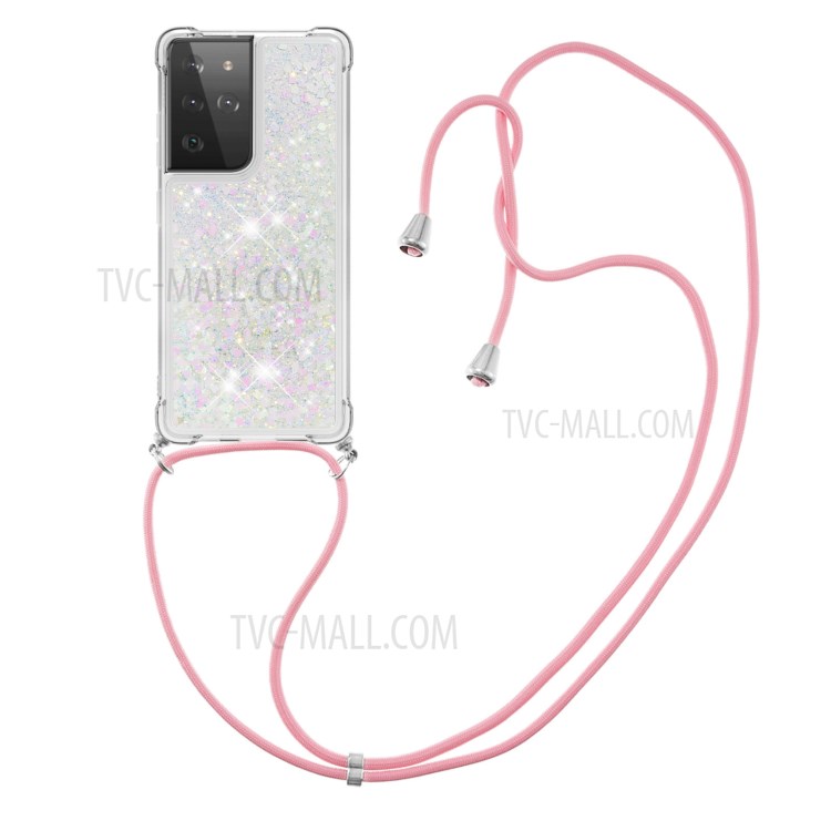 TPU Quicksand Design Phone Cover with Hanging Strap for Samsung Galaxy S21 Ultra 5G - Pink and Silver/Heart-3