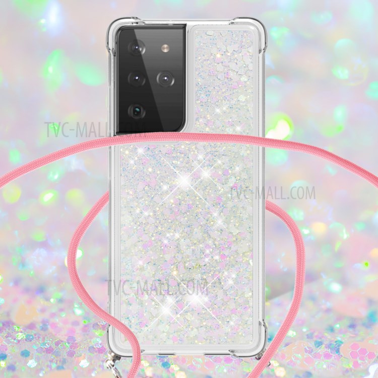 TPU Quicksand Design Phone Cover with Hanging Strap for Samsung Galaxy S21 Ultra 5G - Pink and Silver/Heart-4