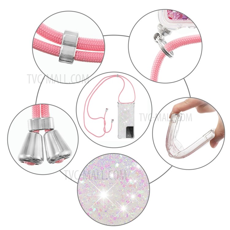 TPU Quicksand Design Phone Cover with Hanging Strap for Samsung Galaxy S21 Ultra 5G - Pink and Silver/Heart-5