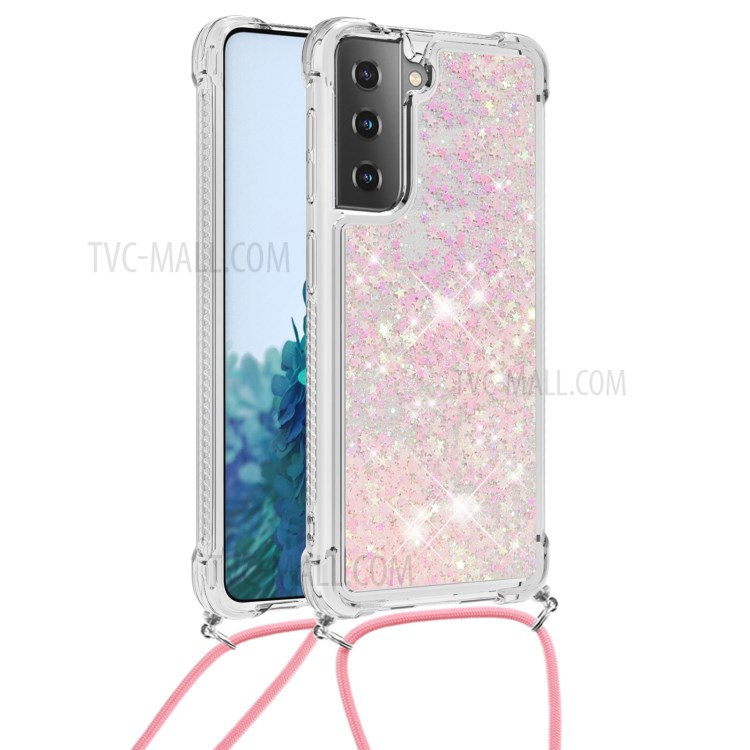 TPU Dynamic Quicksand Design Phone Cover with Hanging Strap for Samsung Galaxy S21+ 5G - Pink-1