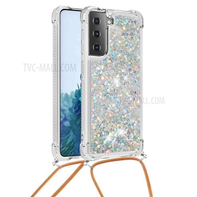 TPU Dynamic Quicksand Design Phone Cover with Hanging Strap for Samsung Galaxy S21+ 5G - Light Green-1