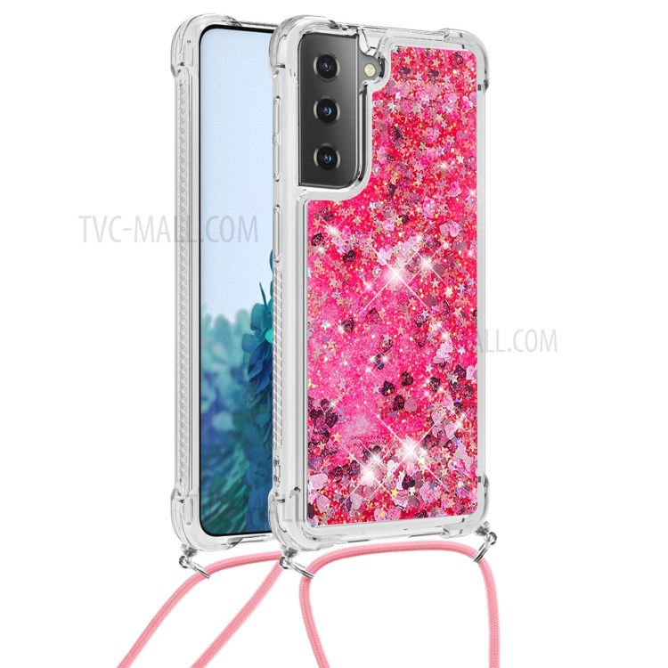 TPU Quicksand Design Phone Shell Cover with Lanyard for Samsung Galaxy S21 5G - Rose-1