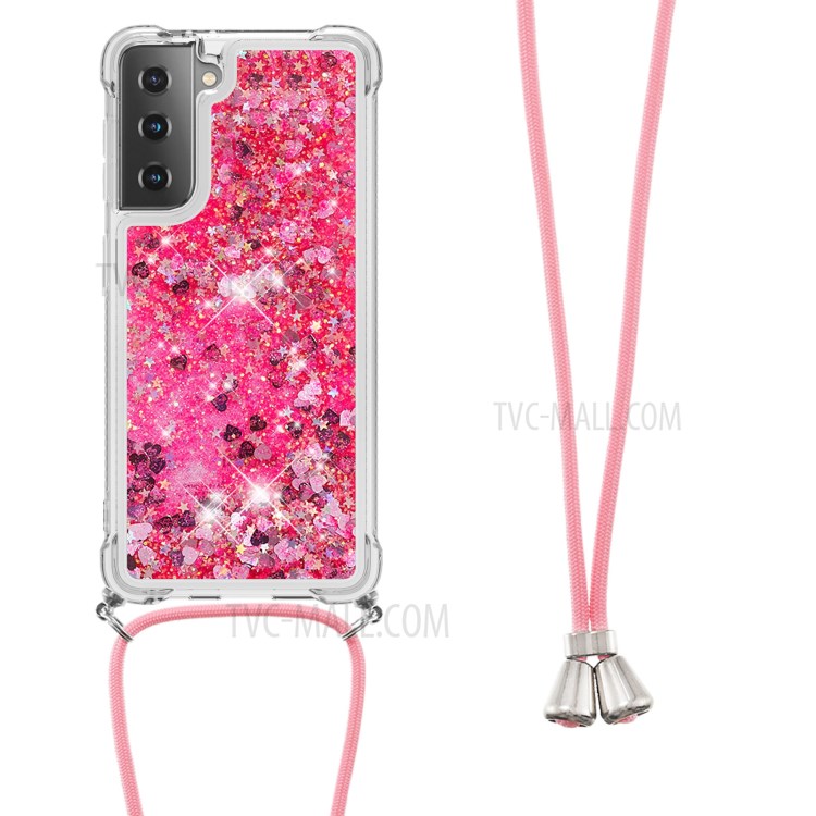 TPU Quicksand Design Phone Shell Cover with Lanyard for Samsung Galaxy S21 5G - Rose-2