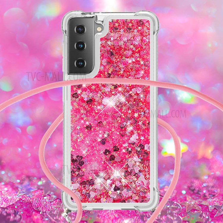 TPU Quicksand Design Phone Shell Cover with Lanyard for Samsung Galaxy S21 5G - Rose-4