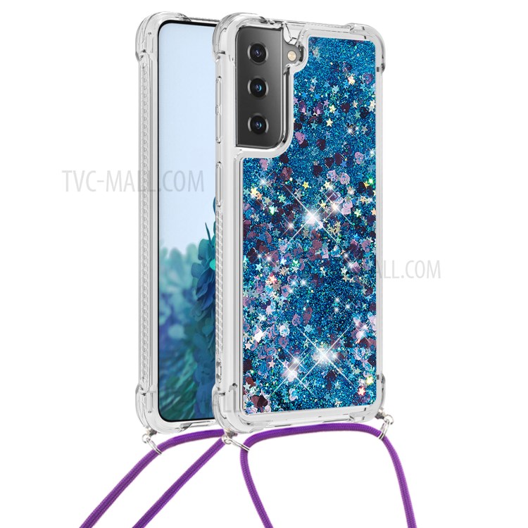 TPU Quicksand Design Phone Shell Cover with Lanyard for Samsung Galaxy S21 - Blue-1
