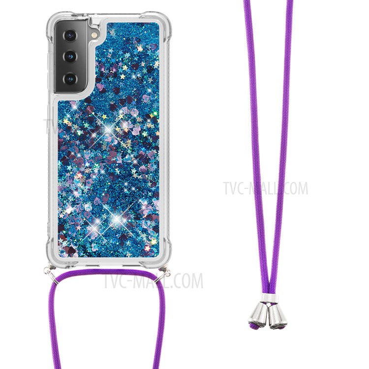 TPU Quicksand Design Phone Shell Cover with Lanyard for Samsung Galaxy S21 - Blue-2
