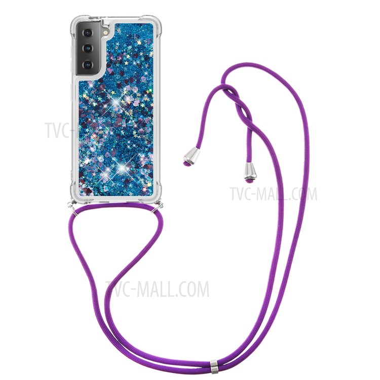 TPU Quicksand Design Phone Shell Cover with Lanyard for Samsung Galaxy S21 - Blue-3