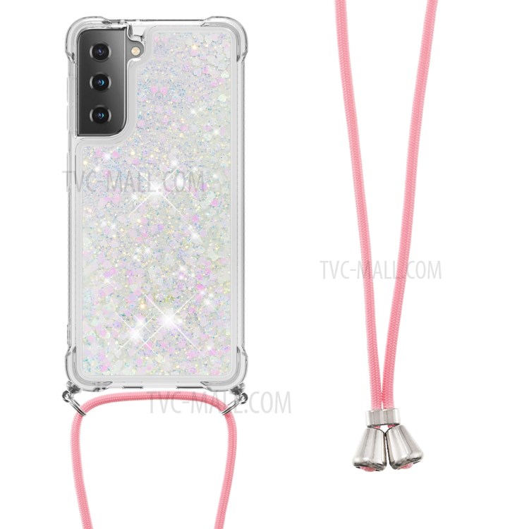TPU Quicksand Design Phone Shell Cover with Lanyard for Samsung Galaxy S21 - White-2