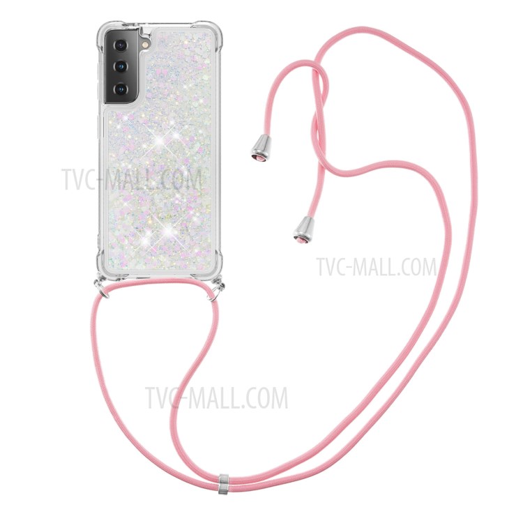 TPU Quicksand Design Phone Shell Cover with Lanyard for Samsung Galaxy S21 - White-3