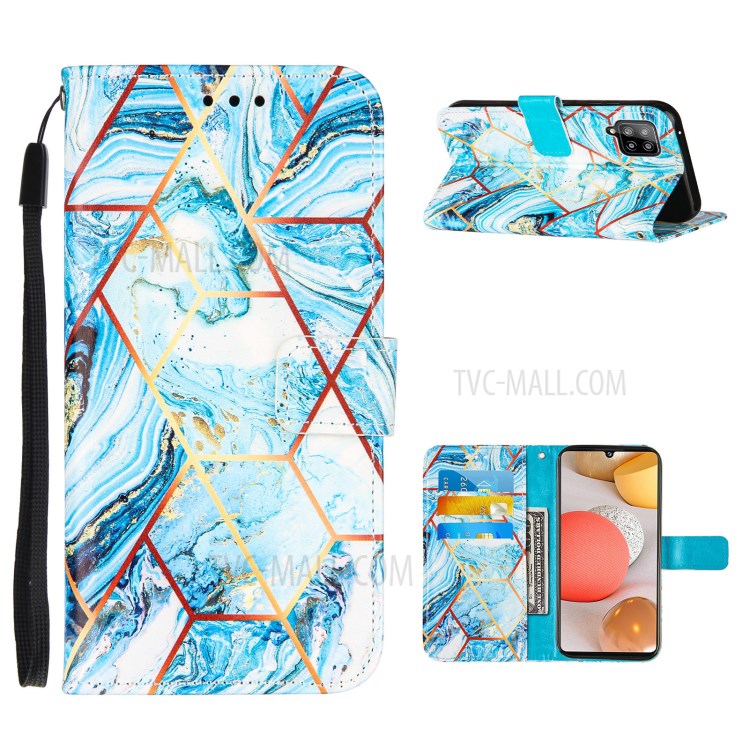 Double-sided Magnetic Wallet Stand TPU + PU Leather Case with Splicing Marble Pattern for Samsung Galaxy A42 5G - Sky Blue-1