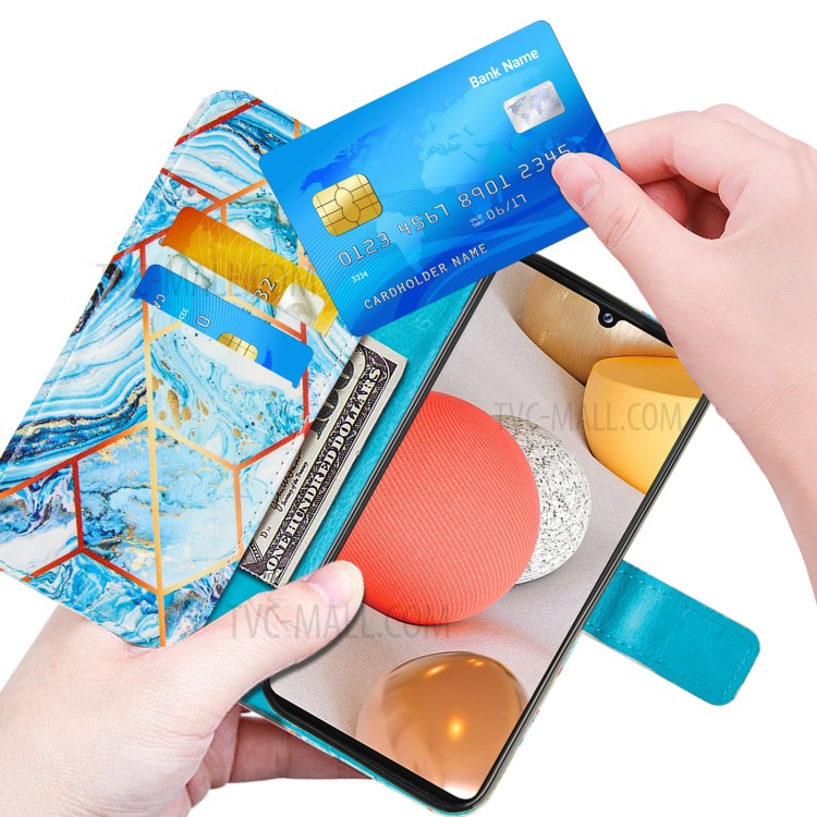 Double-sided Magnetic Wallet Stand TPU + PU Leather Case with Splicing Marble Pattern for Samsung Galaxy A42 5G - Sky Blue-6