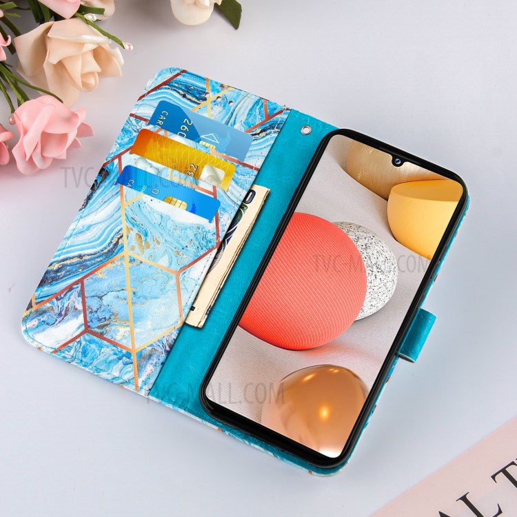 Double-sided Magnetic Wallet Stand TPU + PU Leather Case with Splicing Marble Pattern for Samsung Galaxy A42 5G - Sky Blue-8