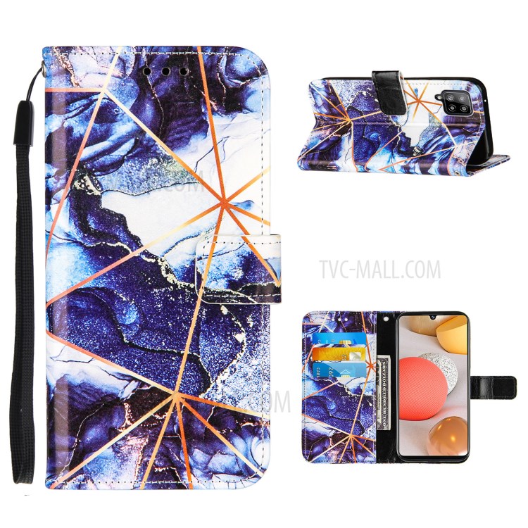 Double-sided Magnetic Wallet Stand TPU + PU Leather Case with Splicing Marble Pattern for Samsung Galaxy A42 5G - Dark Blue-1