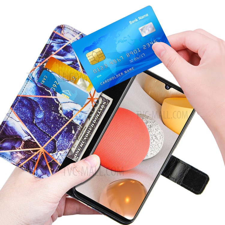 Double-sided Magnetic Wallet Stand TPU + PU Leather Case with Splicing Marble Pattern for Samsung Galaxy A42 5G - Dark Blue-6