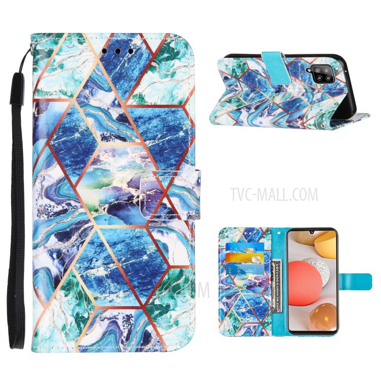Double-sided Magnetic Wallet Stand TPU + PU Leather Case with Splicing Marble Pattern for Samsung Galaxy A42 5G - Blue-1