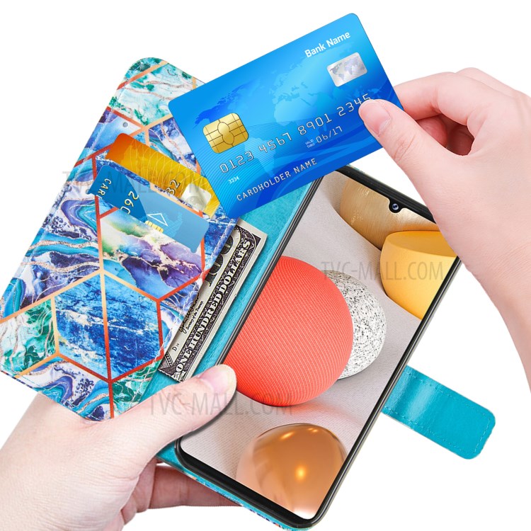 Double-sided Magnetic Wallet Stand TPU + PU Leather Case with Splicing Marble Pattern for Samsung Galaxy A42 5G - Blue-6