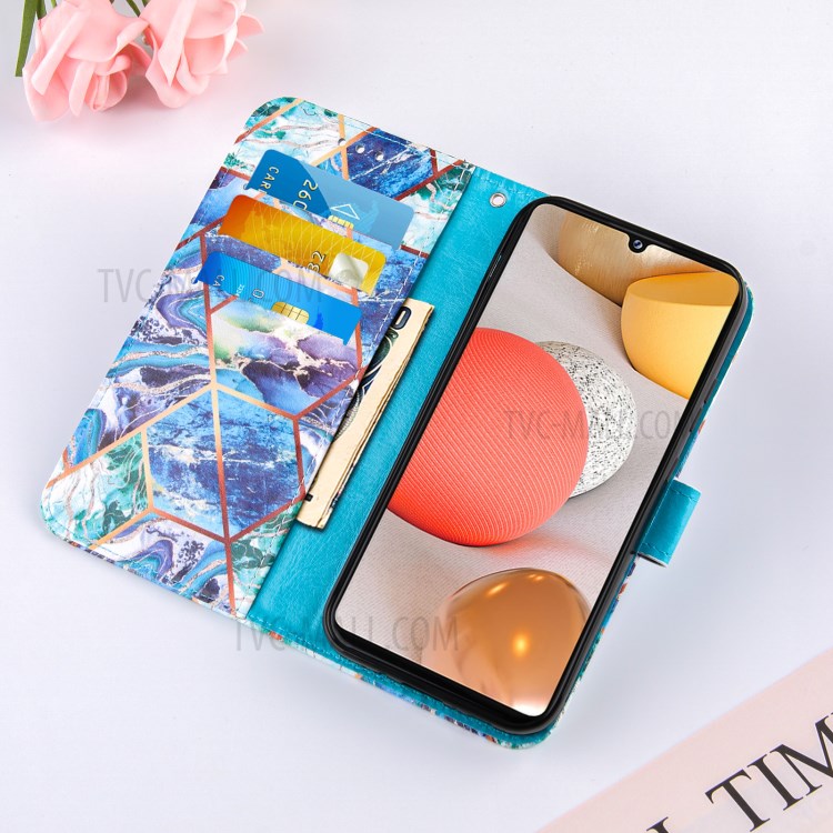 Double-sided Magnetic Wallet Stand TPU + PU Leather Case with Splicing Marble Pattern for Samsung Galaxy A42 5G - Blue-8