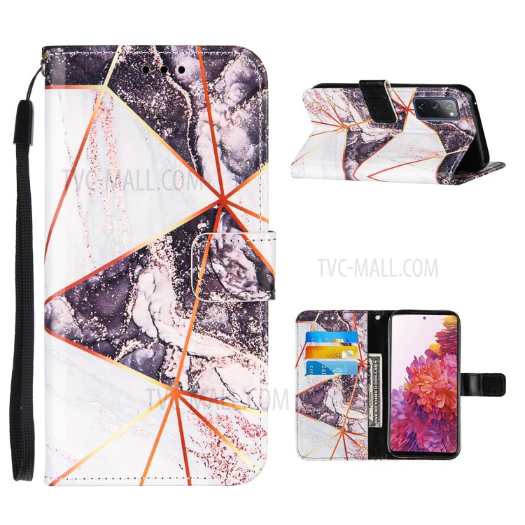 Full Protection Wallet Stand TPU + PU Leather Cover with Splicing Marble Pattern for Samsung Galaxy S20 FE/S20 FE 5G - White/Black-1