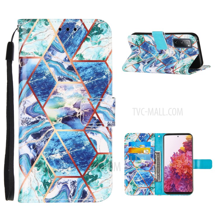 Full Protection Wallet Stand TPU + PU Leather Cover with Splicing Marble Pattern for Samsung Galaxy S20 FE/S20 FE 5G - Blue-1