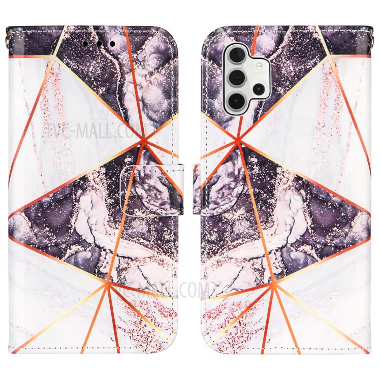 Wallet Stand TPU + PU Leather Splicing Marble Pattern Case with Lanyard for Samsung Galaxy A32 5G - White/Black-3