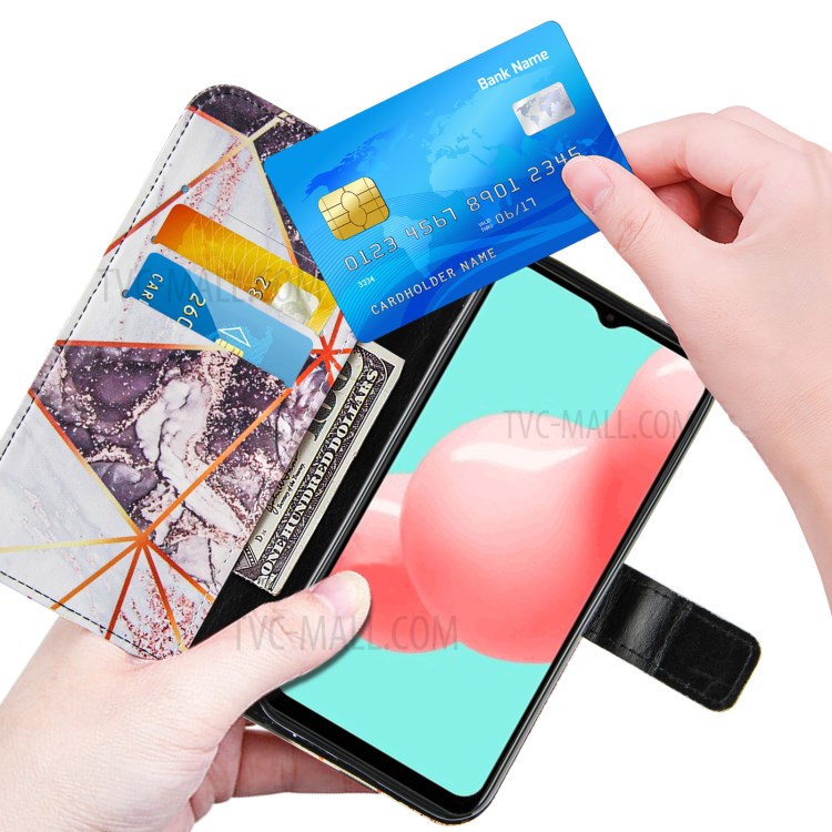 Wallet Stand TPU + PU Leather Splicing Marble Pattern Case with Lanyard for Samsung Galaxy A32 5G - White/Black-6