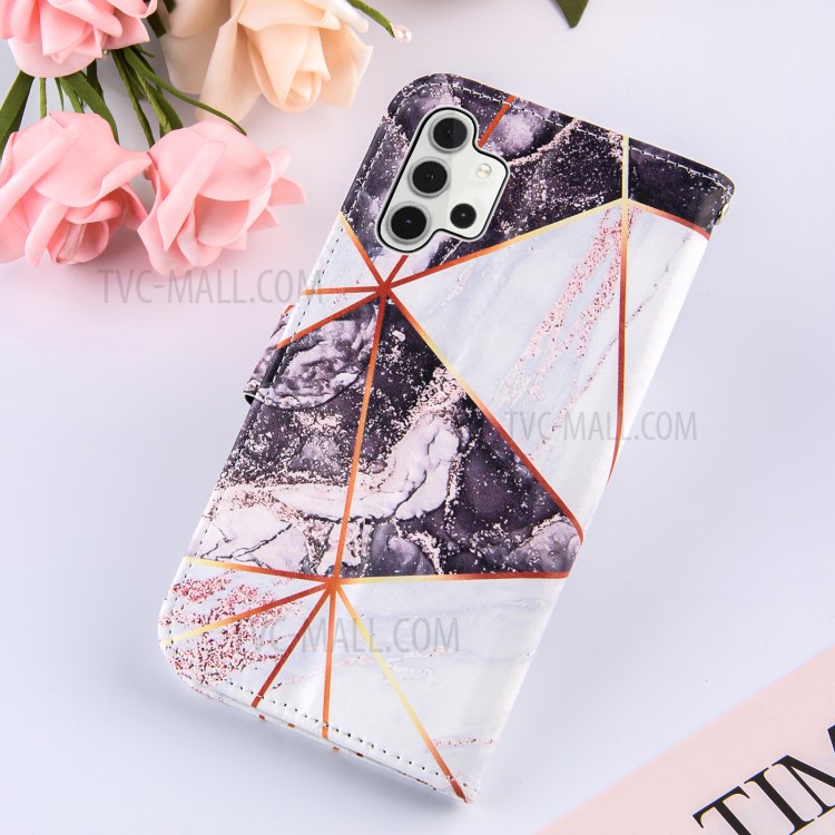Wallet Stand TPU + PU Leather Splicing Marble Pattern Case with Lanyard for Samsung Galaxy A32 5G - White/Black-9