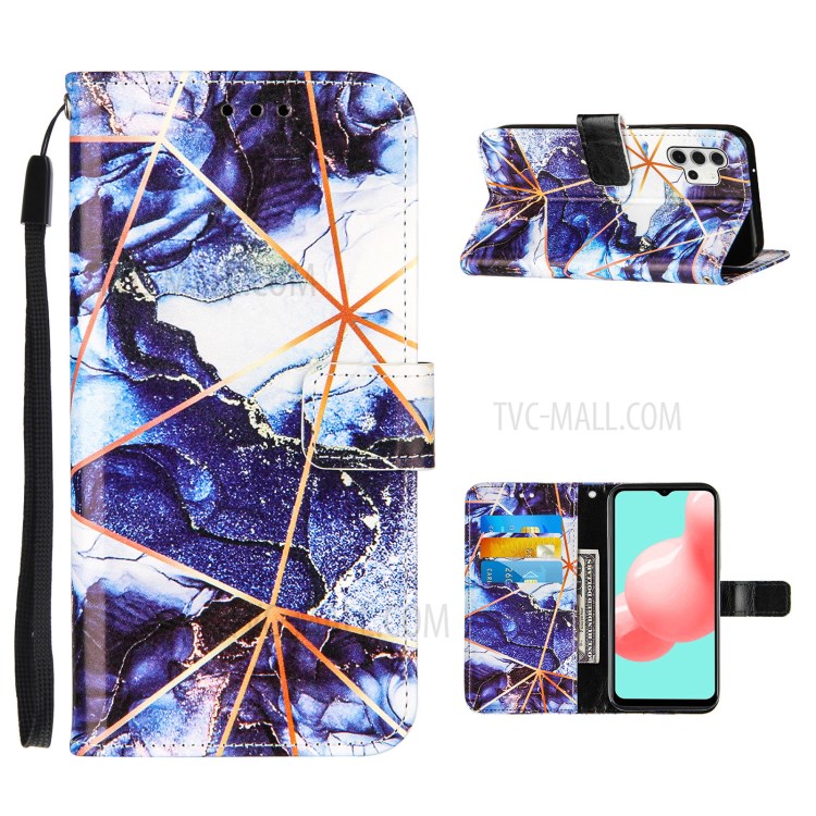 Wallet Stand TPU + PU Leather Splicing Marble Pattern Case with Lanyard for Samsung Galaxy A32 5G - Dark Blue-1