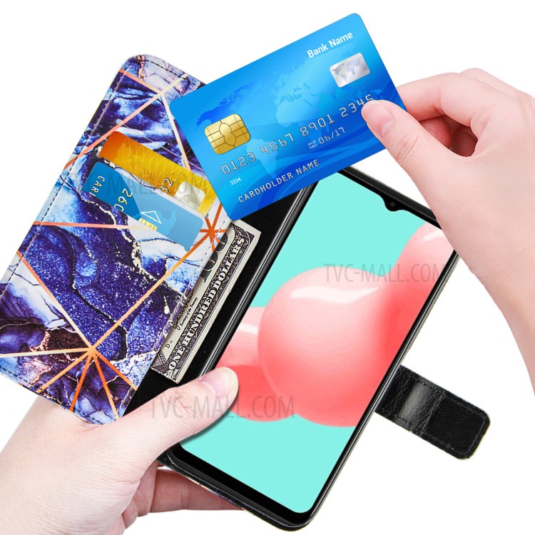 Wallet Stand TPU + PU Leather Splicing Marble Pattern Case with Lanyard for Samsung Galaxy A32 5G - Dark Blue-6