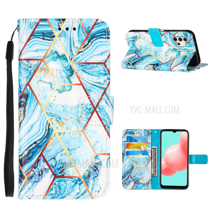 Wallet Stand TPU + PU Leather Splicing Marble Pattern Case with Lanyard for Samsung Galaxy A32 - Sky Blue-1